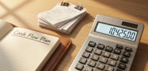 Αριθμομηχανή και οργανωμένα οικονομικά έγγραφα που συμβολίζουν τον υπολογισμό του ΦΠΑ.