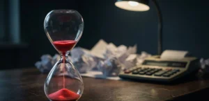 Κλεψύδρα που τελειώνει μπροστά από θολά οικονομικά έγγραφα, συμβολίζοντας τον περιορισμένο χρόνο.