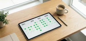 Ψηφιακό ημερολόγιο σε tablet που δείχνει μηνιαία παρακολούθηση οικονομικών στόχων.