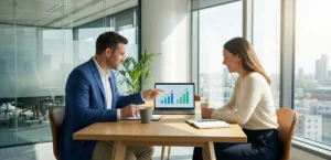 Επαγγελματική συνάντηση φοροτεχνικού με επιχειρηματία που αναλύουν δεδομένα σε laptop.