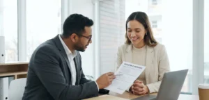 Λογιστής εξηγεί σε πελάτη ποιες δαπάνες εκπίπτουν, δείχνοντας έγγραφα σε γραφείο.