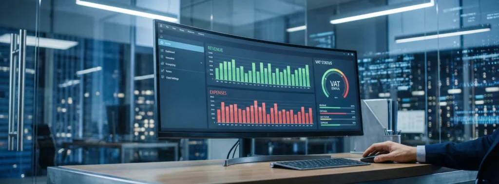 Σύγχρονο επιχειρηματικό dashboard με γραφήματα εσόδων, εξόδων και ΦΠΑ σε οθόνη υπολογιστή.