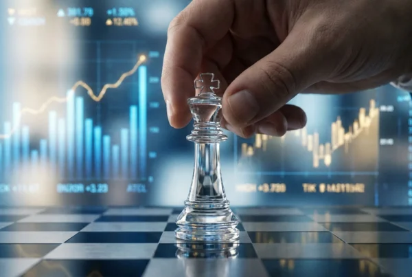 Στρατηγικός φορολογικός σχεδιασμός με πιόνια σκακιού και επιχειρηματικά γραφήματα στο φόντο.